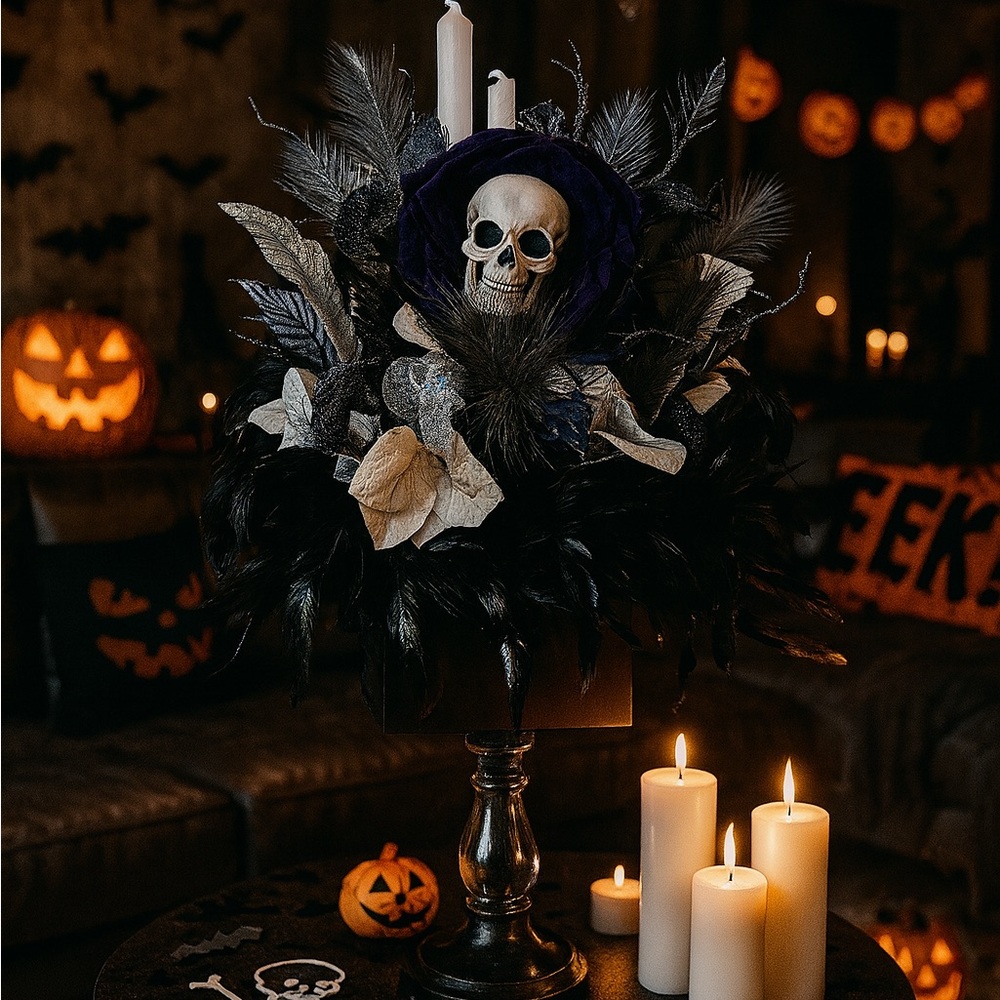 Mystical Skull Candle Holder with Black and Purple Details